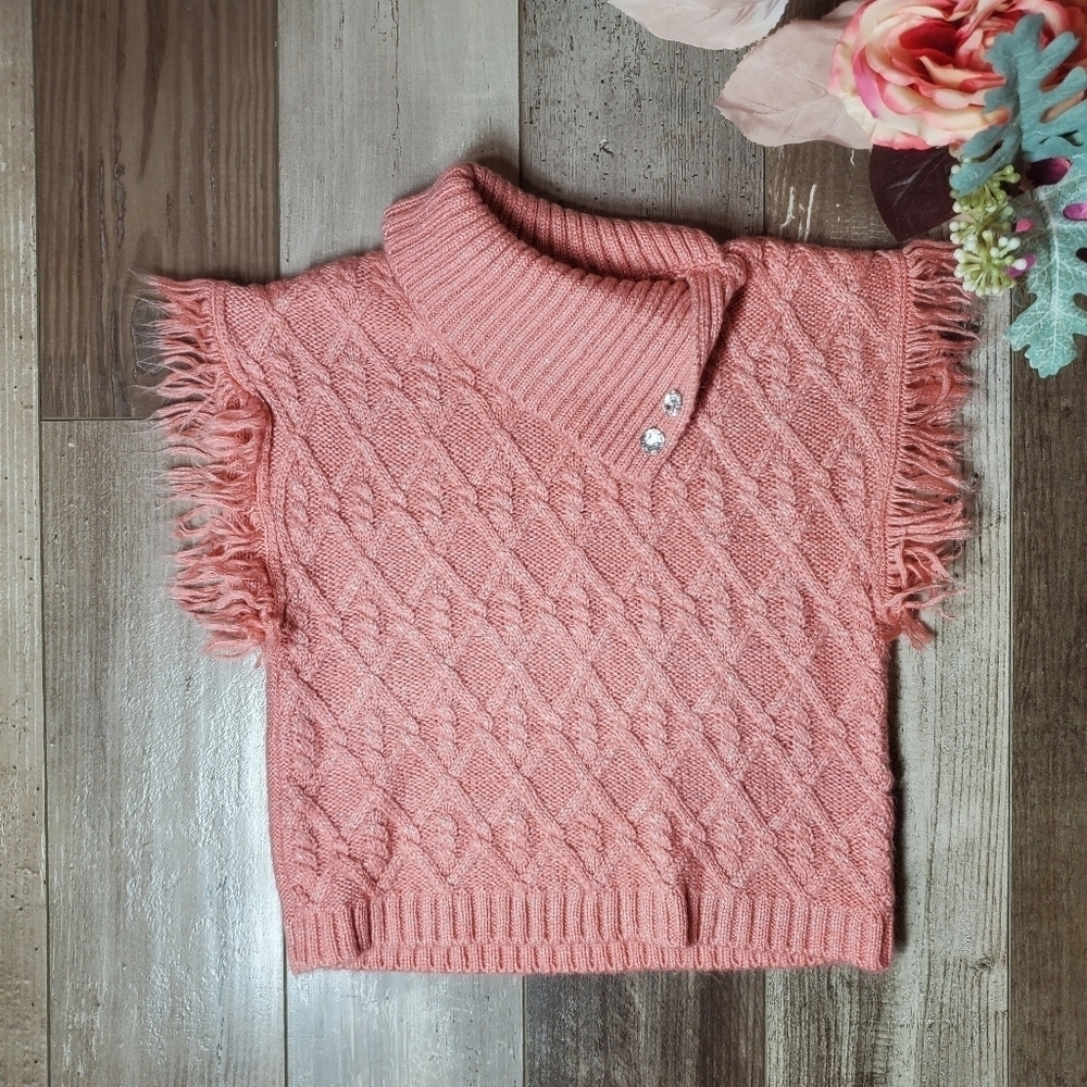 Little Lass Blush Pink Sleeveless Frayed Hem Sparkly Knit Turtle Neck Sweater 2T